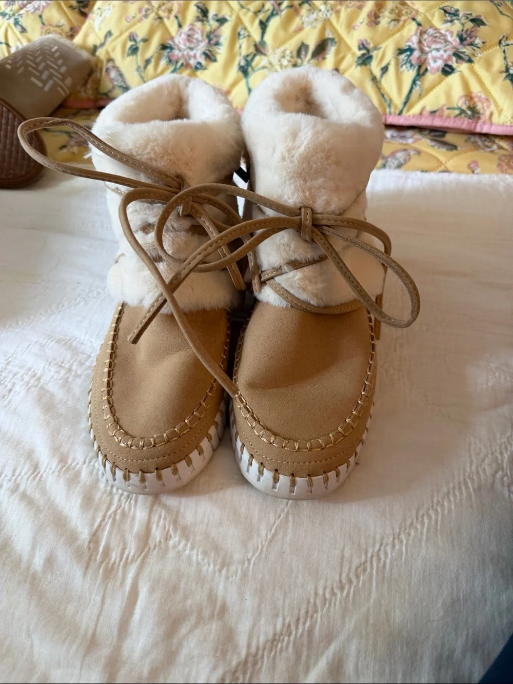 Womens Faux-Shearling Lace-Up Boot in Tan